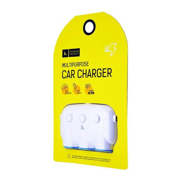Автомобільне зарядне HOCO C1 2USB 3,1A 3 гнізда прикурювача білий), зображення 4