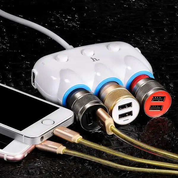 Автомобільне зарядне HOCO C1 2USB 3,1A 3 гнізда прикурювача білий), зображення 5