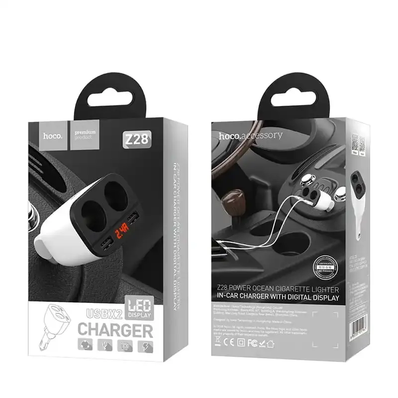 Автомобільне зарядне Hoco Z28 Power Ocean, 2LighterPlug, 160W, 2USB, 3.1A, LCD дисплей, White), зображення 5 Автомобільне зарядне Hoco Z28 Power Ocean, 2LighterPlug, 160W, 2USB, 3.1A, LCD дисплей, White), зображення 5