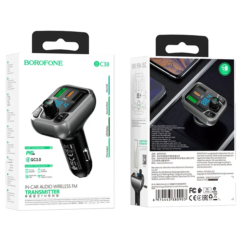 FM-модулятор BOROFONE BC38 Flash Energy PD20W QC3.0 2USB Black), зображення 3 FM-модулятор BOROFONE BC38 Flash Energy PD20W QC3.0 2USB Black), зображення 3