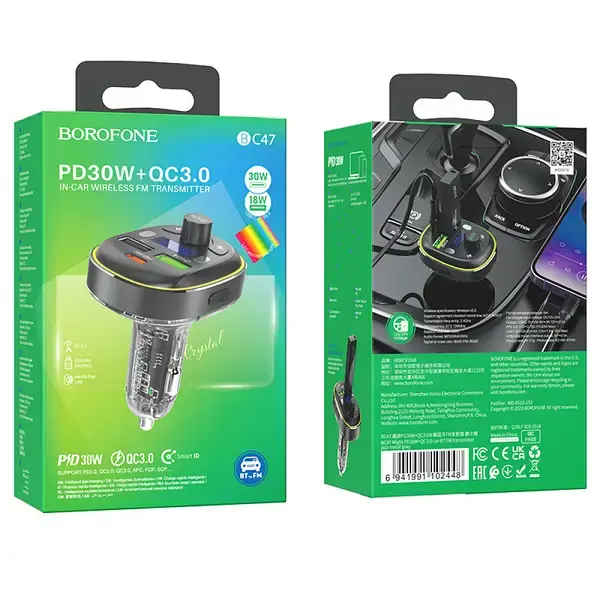 FM-модулятор BOROFONE BC47 Might PD30W QC3.0 USB-A, USB-C сірий), зображення 3 FM-модулятор BOROFONE BC47 Might PD30W QC3.0 USB-A, USB-C сірий), зображення 3