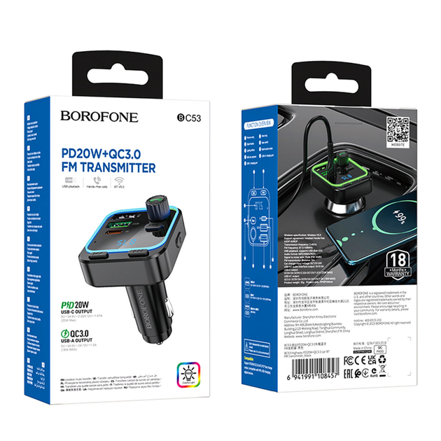FM-модулятор BOROFONE BC53 Highway PD20W QC3.0 чорний), зображення 8