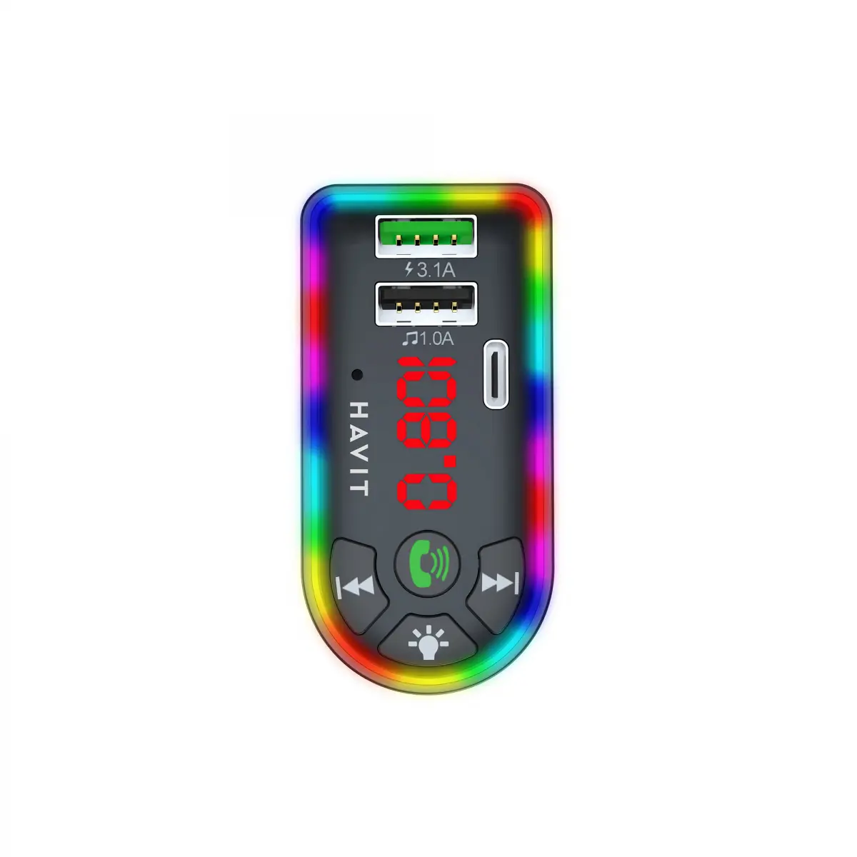 FM-модулятор HAVIT HV-FM813BT 2USB USB-C RGB Black), зображення 3