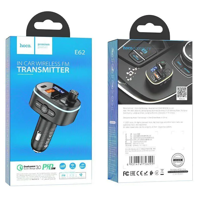 FM-модулятор HOCO E62 2USB PD20W QC3.0 bluetooth 5.0 чорний), зображення 5 FM-модулятор HOCO E62 2USB PD20W QC3.0 bluetooth 5.0 чорний), зображення 5
