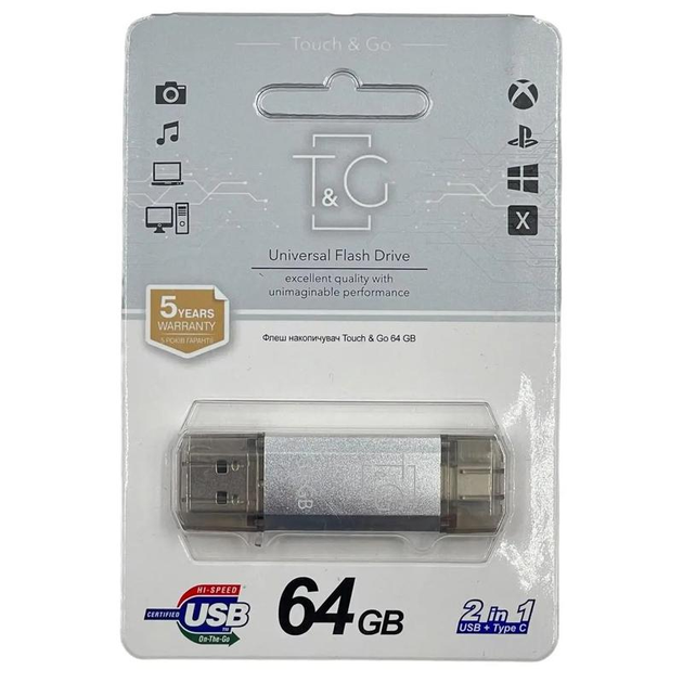 Флешка T&G 009 64GB USB3.0/Type-C Star срібло від батарейки.com.ua