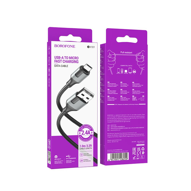 Кабель BOROFONE BX101 USB AM - Micro data 2,4A 1m чорний), зображення 4 Кабель BOROFONE BX101 USB AM - Micro data 2,4A 1m чорний), зображення 4