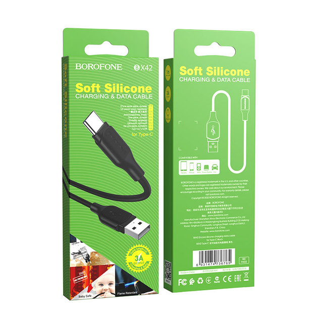 Кабель BOROFONE BX42 USB - Type-C 3A 1m silicone black), зображення 4 Кабель BOROFONE BX42 USB - Type-C 3A 1m silicone black), зображення 4