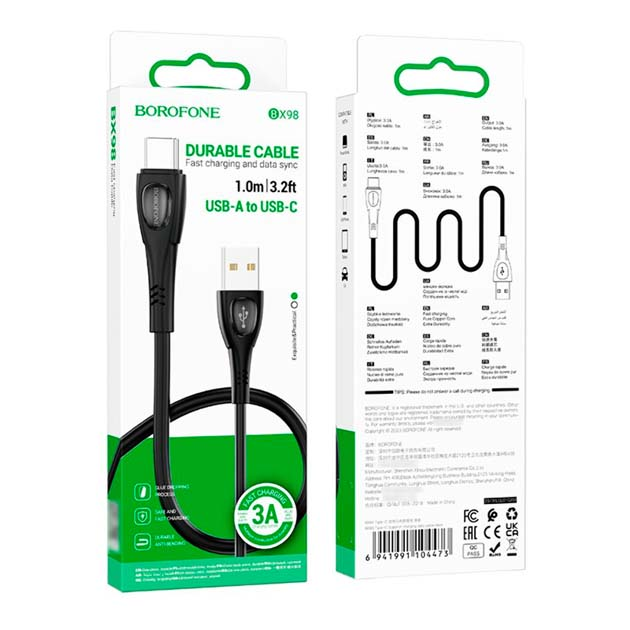 Кабель BOROFONE BX98 USB AM - Type-C 3A 1m чорний), зображення 4 Кабель BOROFONE BX98 USB AM - Type-C 3A 1m чорний), зображення 4