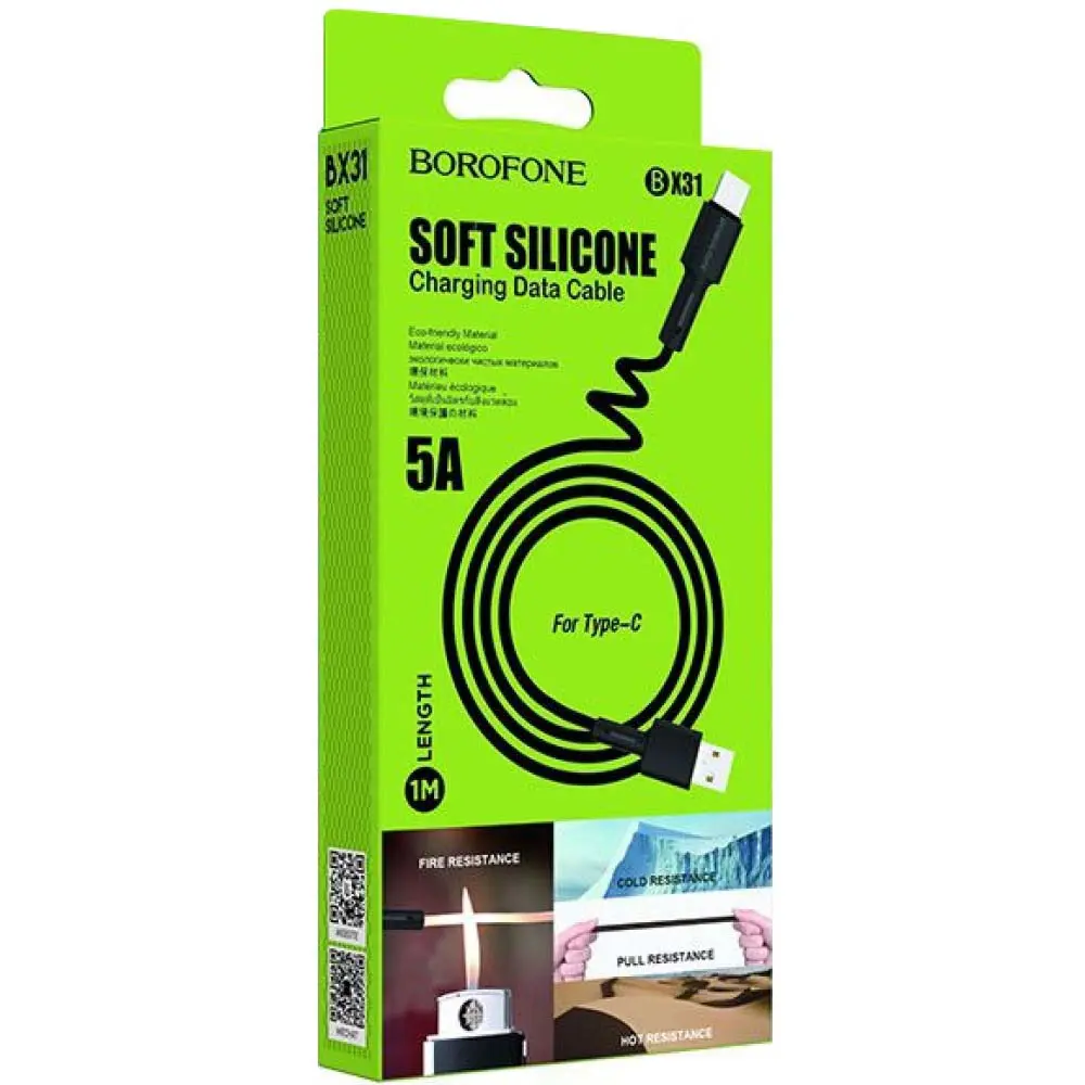 Кабель BOROFONE BX31 USB AM - Type-C Soft silicone 3A 1m black), зображення 2 Кабель BOROFONE BX31 USB AM - Type-C Soft silicone 3A 1m black), зображення 2