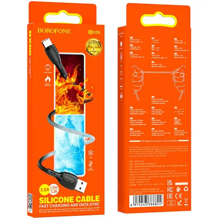 Кабель BOROFONE BX86 USB - Type-C 3A 1m silicone чорний), зображення 2 Кабель BOROFONE BX86 USB - Type-C 3A 1m silicone чорний), зображення 2