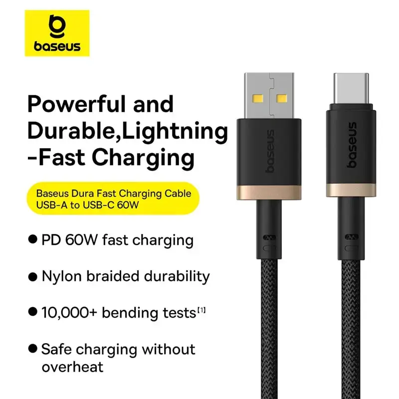 Кабель Baseus Dura Series USB AM-Type-C Data Cable 60W 1m P10377802U01-00 Black-gold), зображення 3 Кабель Baseus Dura Series USB AM-Type-C Data Cable 60W 1m P10377802U01-00 Black-gold), зображення 3