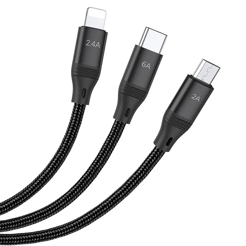 Кабель HOCO U104 USB - Micro+Lightning+Type-C 3-in-1 6A 1,2m Black), зображення 3 Кабель HOCO U104 USB - Micro+Lightning+Type-C 3-in-1 6A 1,2m Black), зображення 3