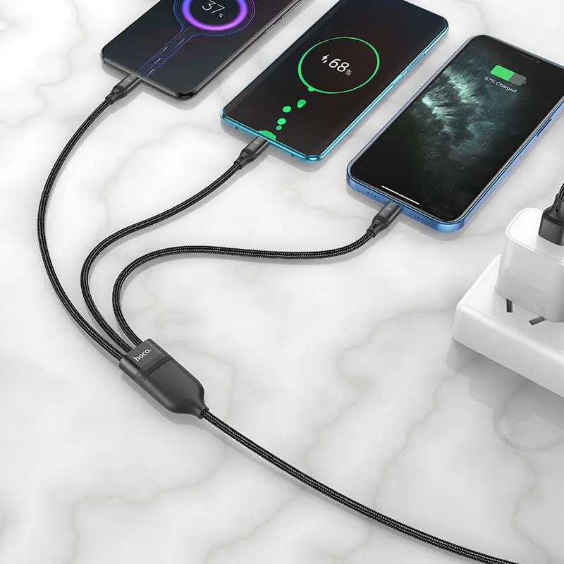 Кабель HOCO U104 USB - Micro+Lightning+Type-C 3-in-1 6A 1,2m Black), зображення 4 Кабель HOCO U104 USB - Micro+Lightning+Type-C 3-in-1 6A 1,2m Black), зображення 4