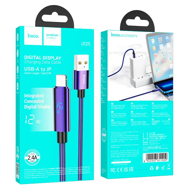 Кабель HOCO U125 USB - lightning 2,4A 1.2m Purple), зображення 4 Кабель HOCO U125 USB - lightning 2,4A 1.2m Purple), зображення 4