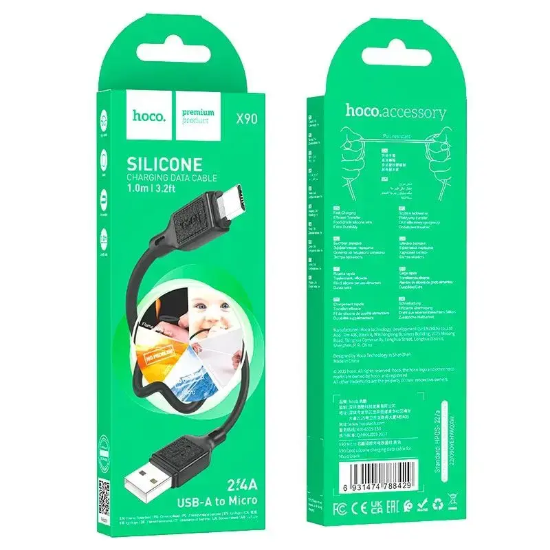 Кабель HOCO X90 USB - Micro 2,4A 1m silicone Black), зображення 2