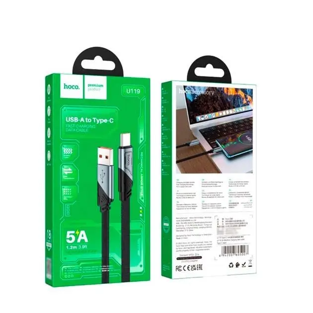 Кабель HOCO U119 USB AM - Type-C 5A 1.2м нейлонове оплетення алюмінієві роз'єми чорний), зображення 2