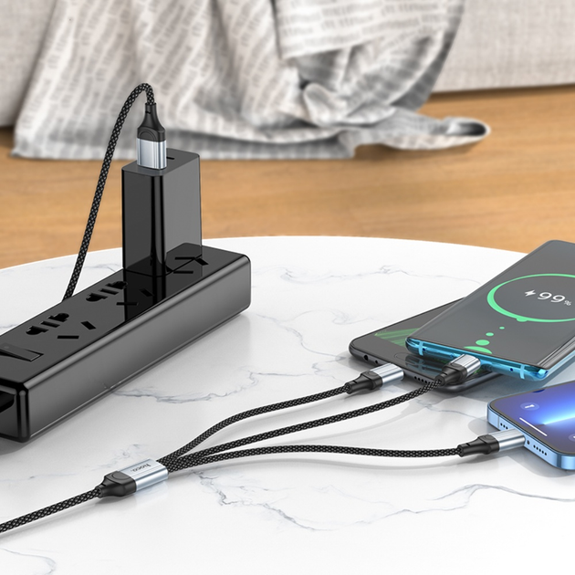 Кабель HOCO X102 USB - Micro + lightning + Type-C 2.4A 1m Black), зображення 3 Кабель HOCO X102 USB - Micro + lightning + Type-C 2.4A 1m Black), зображення 3