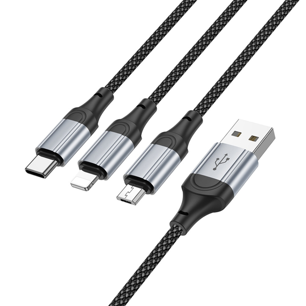 Кабель HOCO X102 USB - Micro + lightning + Type-C 2.4A 1m Black), зображення 5 Кабель HOCO X102 USB - Micro + lightning + Type-C 2.4A 1m Black), зображення 5