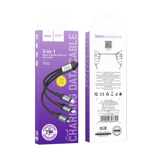 Кабель HOCO X102 USB - Micro + lightning + Type-C 2.4A 1m Black), зображення 9 Кабель HOCO X102 USB - Micro + lightning + Type-C 2.4A 1m Black), зображення 9