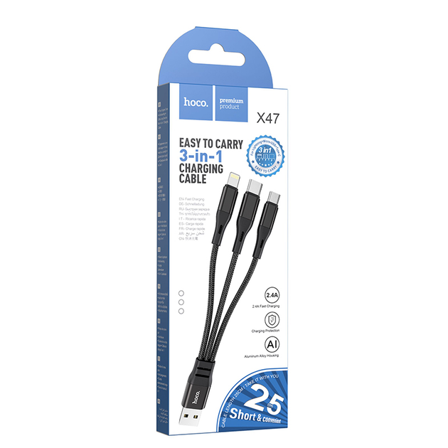 Кабель HOCO X47 USB - Lightning+Micro+Type-C 2,4A 0,25m чорний), зображення 4