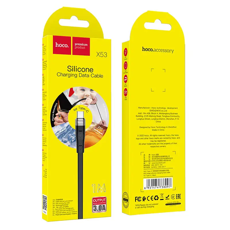 Кабель HOCO X53 USB - Type-C Ange silicone 3A 1m Black), зображення 5