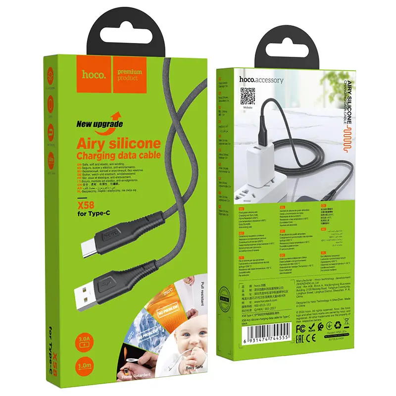 Кабель HOCO X58 USB AM - Type-C silicone data 4A 1m black), зображення 3 Кабель HOCO X58 USB AM - Type-C silicone data 4A 1m black), зображення 3
