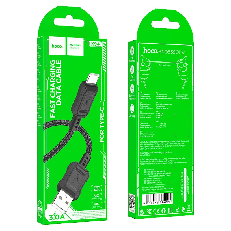 Кабель HOCO X94 USB - Type-C 3A 1m чорний), зображення 4