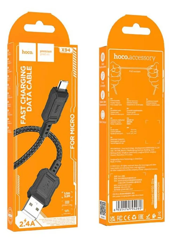 Кабель HOCO X94 USB AM - Micro data 3A 1m Black), зображення 4 Кабель HOCO X94 USB AM - Micro data 3A 1m Black), зображення 4