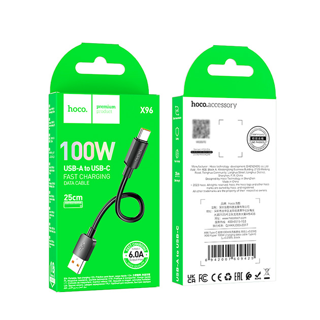 Кабель HOCO X96 USB to Type-C PD100W 0,25m Black), зображення 3 Кабель HOCO X96 USB to Type-C PD100W 0,25m Black), зображення 3