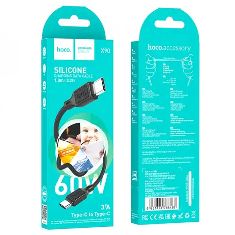 Кабель PD Power Delivery HOCO X90 Type-C - Type-C 3A PD60W 1m silicone чорний), зображення 2