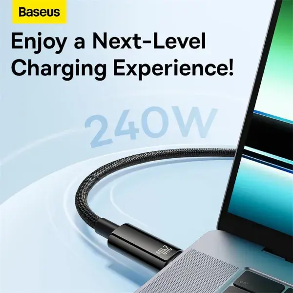 Кабель PD Power Delivery Baseus Tungsten Gold Fast Charging Type-C - Type-C 240W 1m Black CAWJ040001), зображення 4 Кабель PD Power Delivery Baseus Tungsten Gold Fast Charging Type-C - Type-C 240W 1m Black CAWJ040001), зображення 4