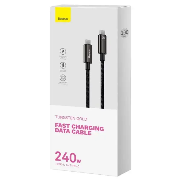 Кабель PD Power Delivery Baseus Tungsten Gold Fast Charging Type-C - Type-C 240W 1m Black CAWJ040001), зображення 12 Кабель PD Power Delivery Baseus Tungsten Gold Fast Charging Type-C - Type-C 240W 1m Black CAWJ040001), зображення 12