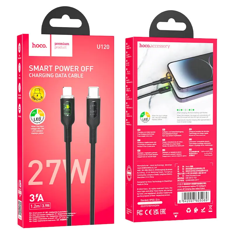 Кабель PD Power Delivery HOCO U120 Type-C - Lightning 3A 20W 1m Black), зображення 5