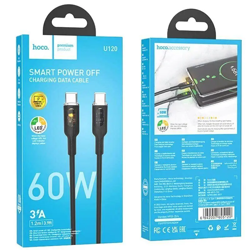 Кабель PD Power Delivery HOCO U124 Type-C - Type-C 60W 1,2m чорний), зображення 6