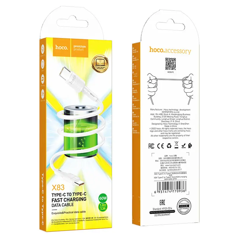 Кабель PD Power Delivery HOCO X83 Victory Type-С PD60W 1м білий), зображення 2