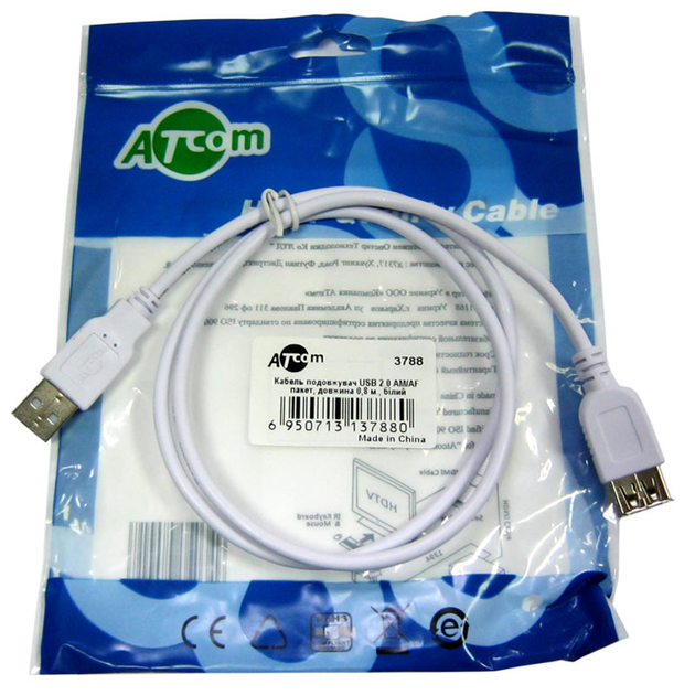 Кабель подовжувач ATCOM USB AM - USB AF 0.8m white 3788), зображення 3