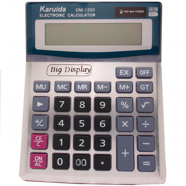 Калькулятор Karuida DM 1200V - 12 (12 розрядний дисплей, подвійне живлення, 2 ячейки пам'яті M+ и MII+, клавіша «EX» повернення до попередньої операції, клавіша «- > », коректування введеного числа, клавіша «00»,Округлення у більший і менший бік, розміри 153 х 195 х 40 см) від батарейки.com.ua