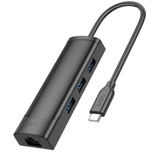 Хаб Type-C(PD) HOCO HB42 Easy safety 4-in-1 Gigabit Ethernet (Type-C to USB3.0*3+RJ45) 0.2M Black від батарейки.com.ua