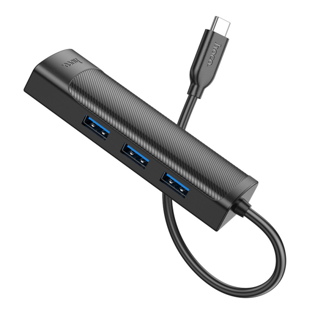 Хаб Type-C(PD) HOCO HB42 Easy safety 4-in-1 Gigabit Ethernet (Type-C to USB3.0*3+RJ45) 0.2M Black), зображення 4