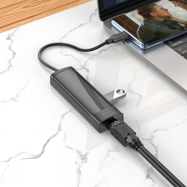 Хаб Type-C(PD) HOCO HB42 Easy safety 4-in-1 Gigabit Ethernet (Type-C to USB3.0*3+RJ45) 0.2M Black), зображення 8