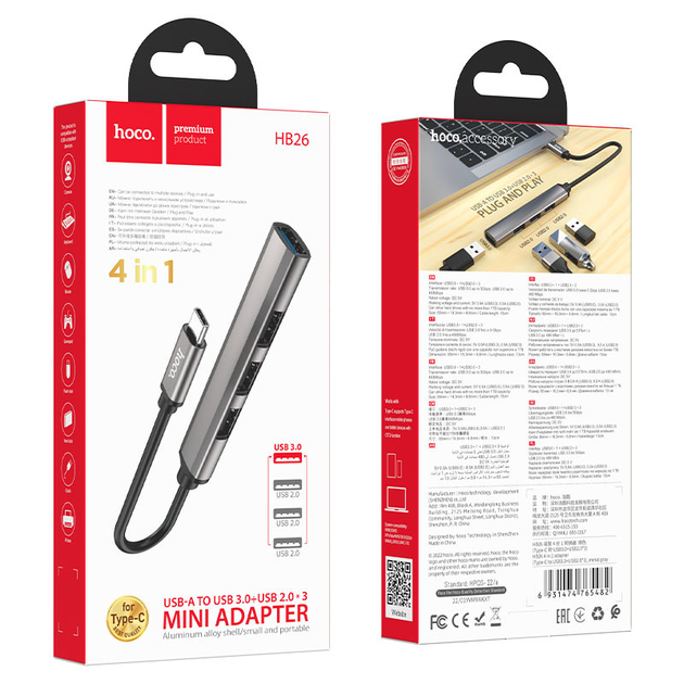 Хаб Type-C Hoco HB26 1USB3.0 + 3USB2.0 Metal Grey), зображення 5 Хаб Type-C Hoco HB26 1USB3.0 + 3USB2.0 Metal Grey), зображення 5