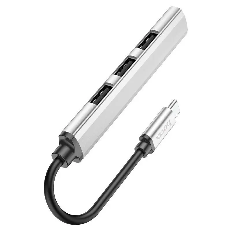 Хаб Type-C Hoco HB26 Type-C - 4USB (1USB3.0+3USB2.0) Silver металевий корпус), зображення 4