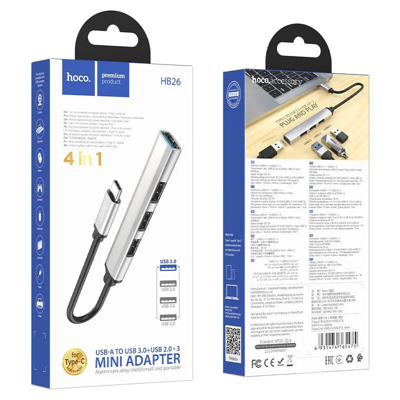 Хаб Type-C Hoco HB26 Type-C - 4USB (1USB3.0+3USB2.0) Silver металевий корпус), зображення 5