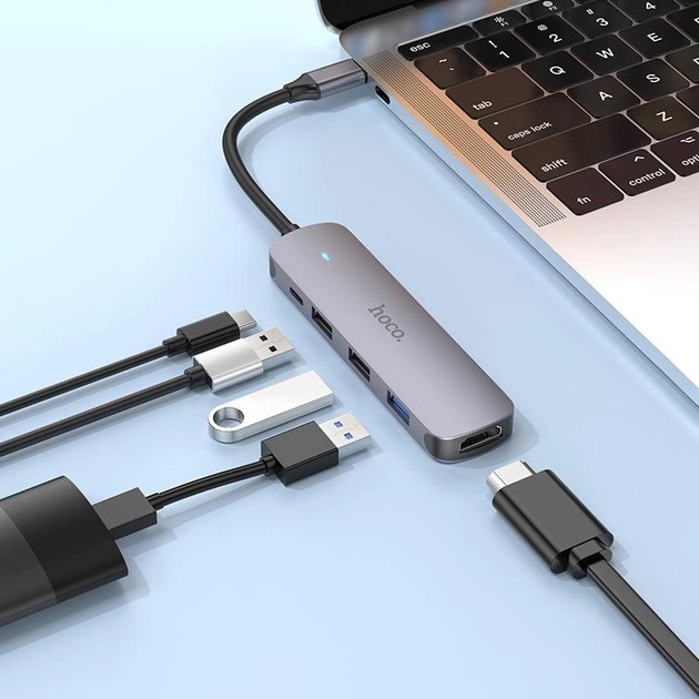 Хаб Type-C Hoco HB27 (HDTV+USB3.0+USB2.0*2+PD) Сірий), зображення 4
