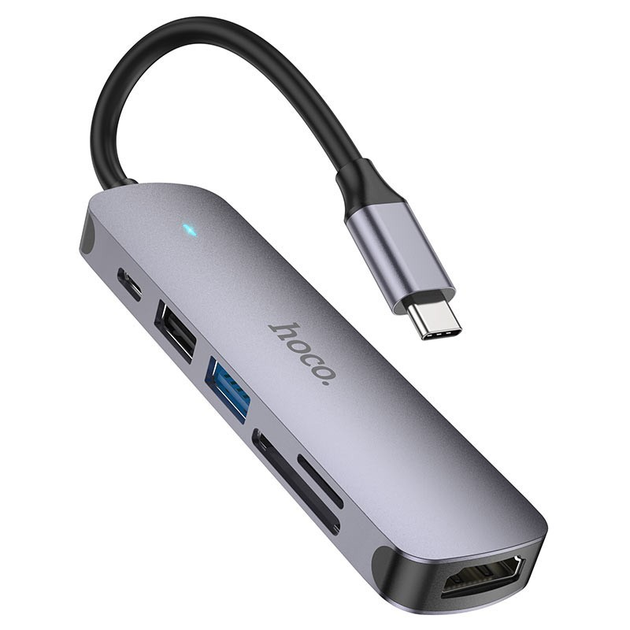 Хаб Type-C Hoco HB28 Type-C multi-function converter (HDTV+USB3.0+USB2.0+SD+TF+PD) Metal Grey), зображення 3
