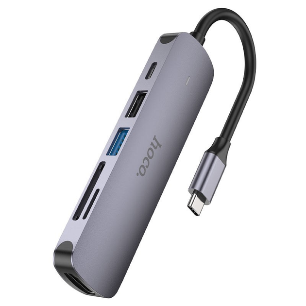 Хаб Type-C Hoco HB28 Type-C multi-function converter (HDTV+USB3.0+USB2.0+SD+TF+PD) Metal Grey), зображення 5