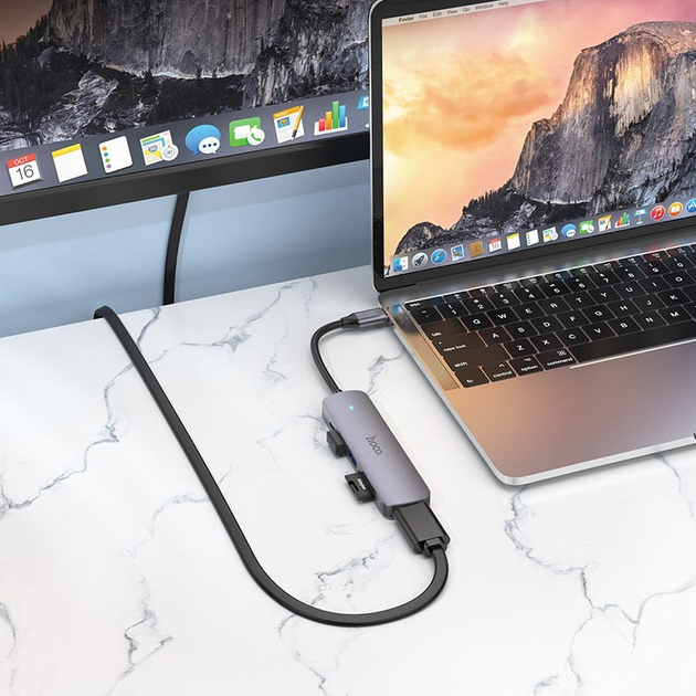 Хаб Type-C Hoco HB28 Type-C multi-function converter (HDTV+USB3.0+USB2.0+SD+TF+PD) Metal Grey), зображення 6