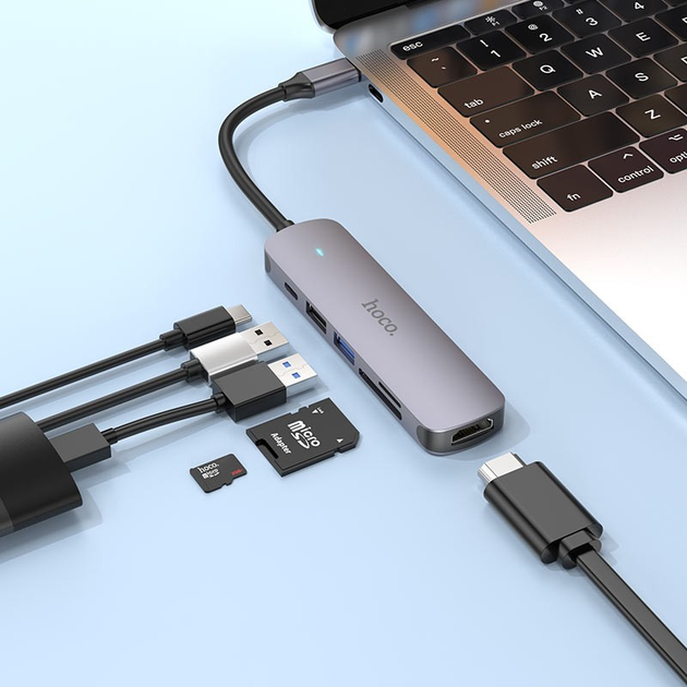 Хаб Type-C Hoco HB28 Type-C multi-function converter (HDTV+USB3.0+USB2.0+SD+TF+PD) Metal Grey), зображення 7