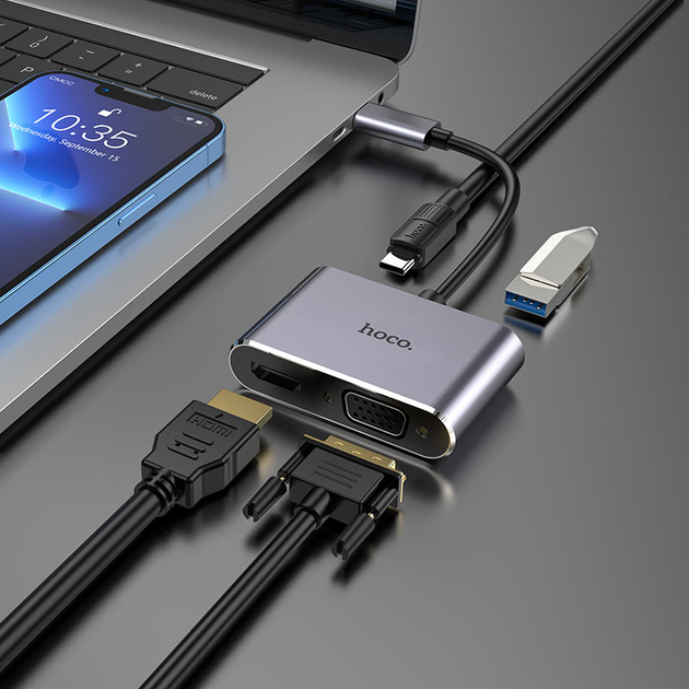 Хаб Type-C Hoco HB30 багатофункціональний перетворювач (HDTV, VGA, USB3.0, PD) Металевий сірий), зображення 4