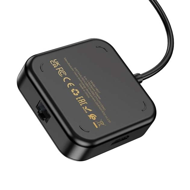 Хаб Type-C Hoco HB37 багатопортовий адаптер (HDTV, RJ45, USB3.0, USB2.0*2, PD100W)  Чорний), зображення 4